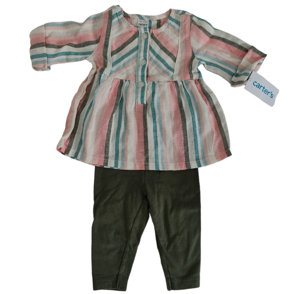 Carter's Girl's Shirt and Pants Set 6 Month Linen Stripes Long Sleeve